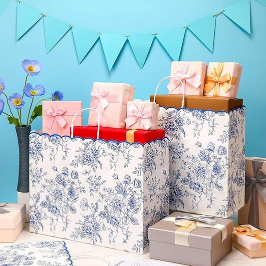 Kolldenn 24 Pcs Blue Floral Party Favor Bags with Handles 16 x 6 X12inch Extra Large Scalloped Wildflower Goodie Candy Gift Treat Bags for Birthday Decoration for Bridal Baby Shower Party Supplie