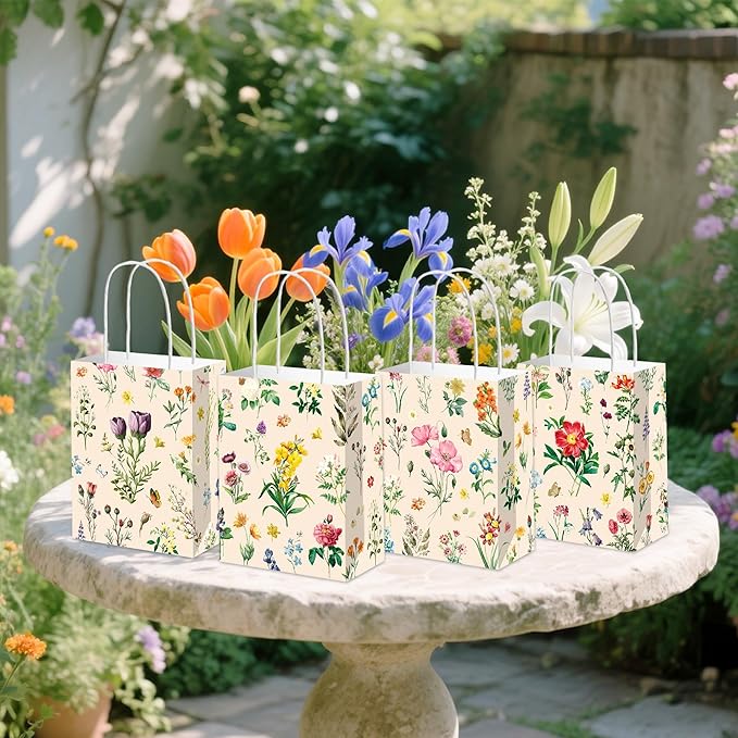 12 PCS Wildflower Party Favor Gift Bags Butterfly Floral Goodie Candy Bags Treat Boxes for Wildflower Birthday Baby Bridal Shower Wedding Party Favors Supplies