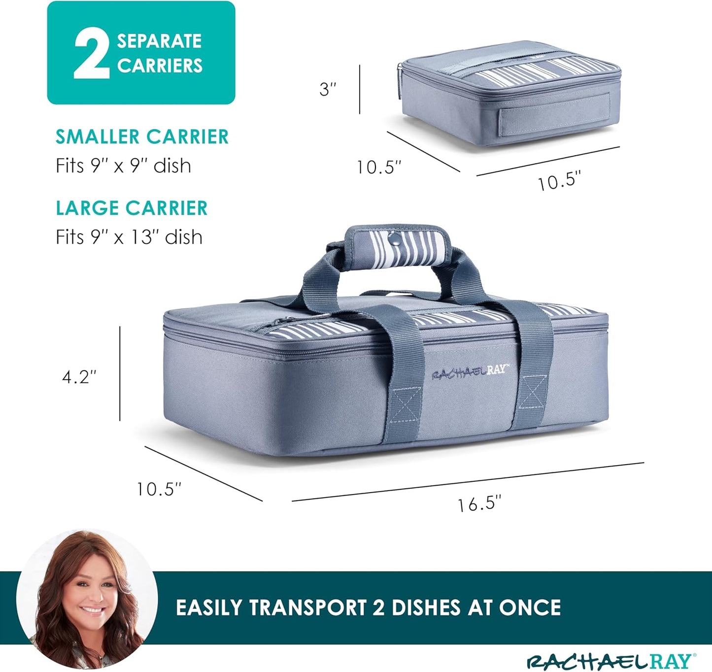 Rachael Ray Lugger Duo, Insulated Casserole Carrier for Hot or Cold Food, Thermal Lasanga Lugger Tote for Potluck, Parties, Picnic, and Cookouts, Fits 9" x 13" Baking Dish, Slate Stripe