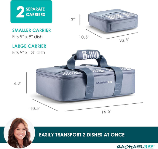 Rachael Ray Lugger Duo, Insulated Casserole Carrier for Hot or Cold Food, Thermal Lasanga Lugger Tote for Potluck, Parties, Picnic, and Cookouts, Fits 9" x 13" Baking Dish, Slate Stripe