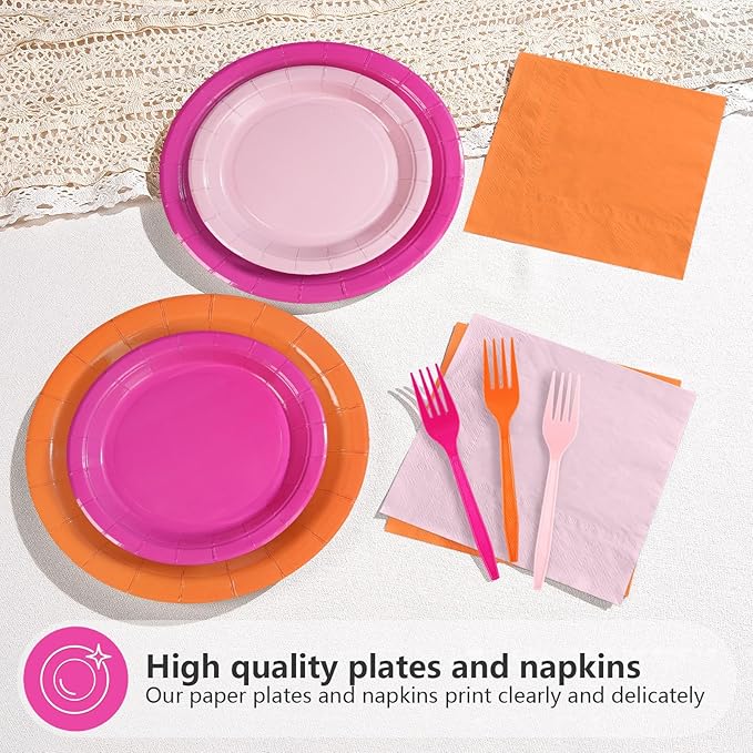 Grencian Pink and Orange Party Decorations Supplies - 96Pcs Solid Color Paper Plates and Napkins Neon Disposable Hot Pink Orange Tableware Sets for Sunset Theme Birthday Party Decorations Serves 24