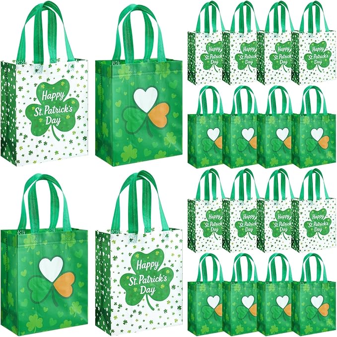 Wovnet 30 Pcs St. Patrick's Day Gift Bags with Handle Shamrock Party Favors Green Reusable Non Woven Goodie Treat Bags Clover Tote Irish Festival Themed Party Supplies 10 x 8 x 4in