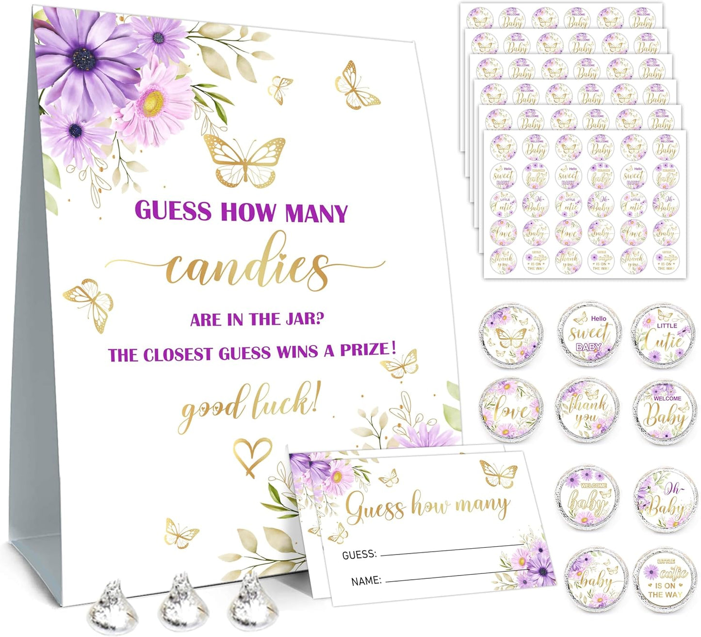 How Many Candies Baby Shower Games, How Many Candies Standing Sign 50 Guessing Cards 180 Baby Shower Candies Stickers, Guess How Many Candies Baby Showers Game Set for Baby Shower Decoration (Purple)
