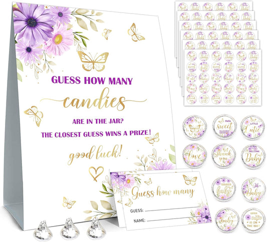 How Many Candies Baby Shower Games, How Many Candies Standing Sign 50 Guessing Cards 180 Baby Shower Candies Stickers, Guess How Many Candies Baby Showers Game Set for Baby Shower Decoration (Purple)