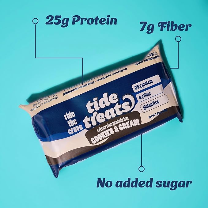 25g Protein Bar Crispy Rice Treat Cookies & Cream | Clean Ingredients, No Added Sugar, 7g Fiber, Gluten Free | High Protein Snack for On-the-Go, Post-Workout or Dessert Cravings | 8 Count | Tidetreats
