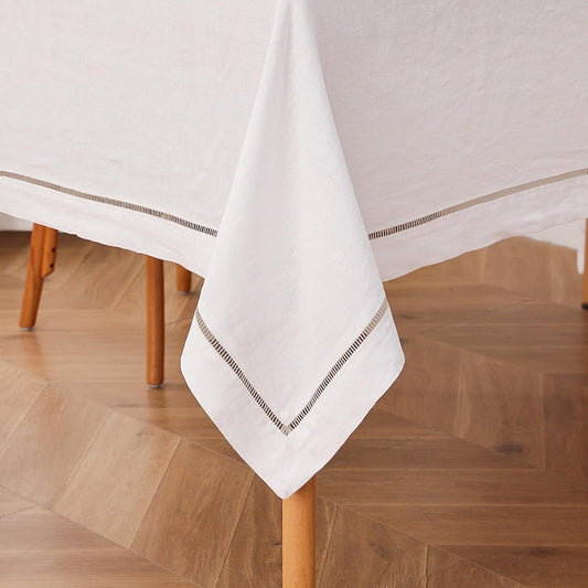 Linen World Hemstitch Linen Tablecloth,100% Natural French Flax,60x120Inch Handcrafted White-Natural Linen Table Cloth,Tabletop,Table Cloths for Kitchen,Dining,Daily Use(White-Natural)