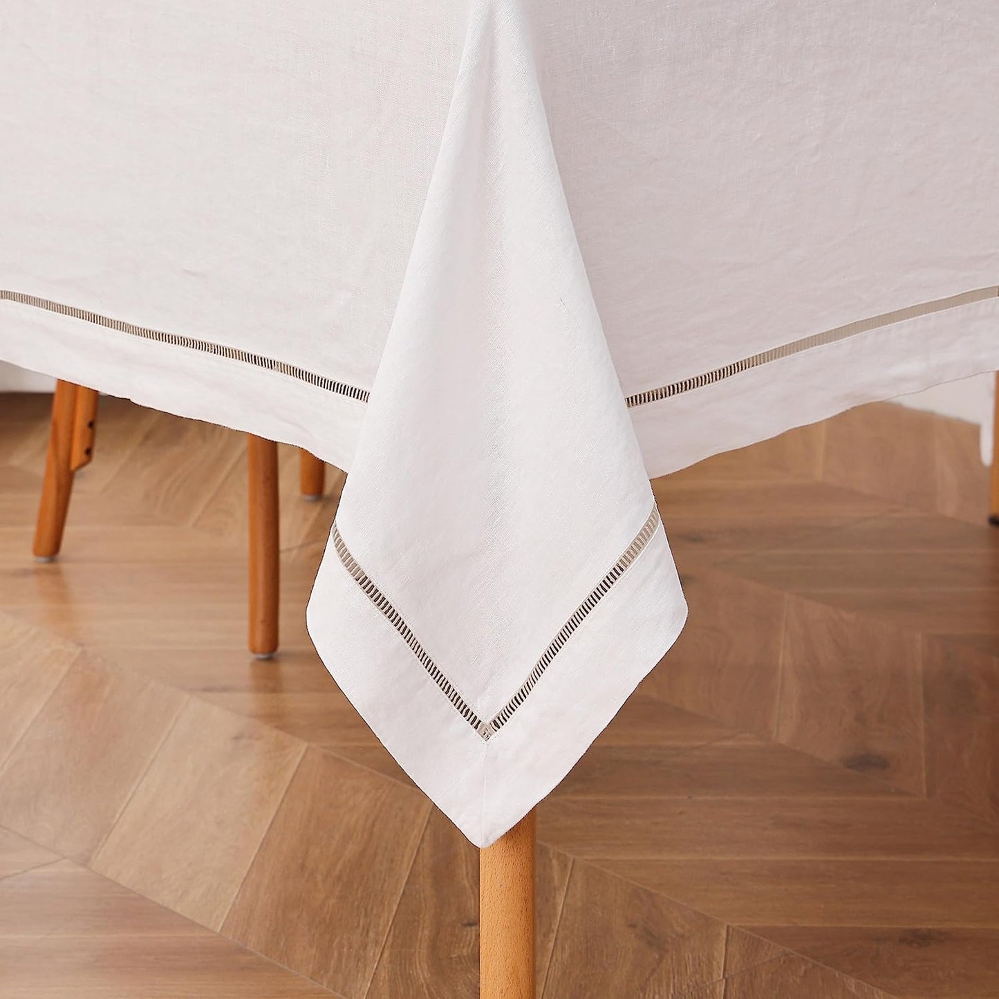 Linen World Hemstitch Linen Tablecloth,100% Natural French Flax,60x108Inch Handcrafted White-Natural Linen Table Cloth,Tabletop,Table Cloths for Kitchen,Dining,Daily Use(White-Natural)
