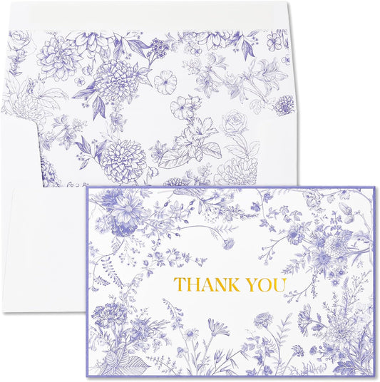 Crisky Purple Floral Thank You Cards with Envelopes and Stickers, 50 Pack Lavender Wedding Thank You Notes Bulk for Bridal Shower Baby Shower Business Graduation, All Occasion