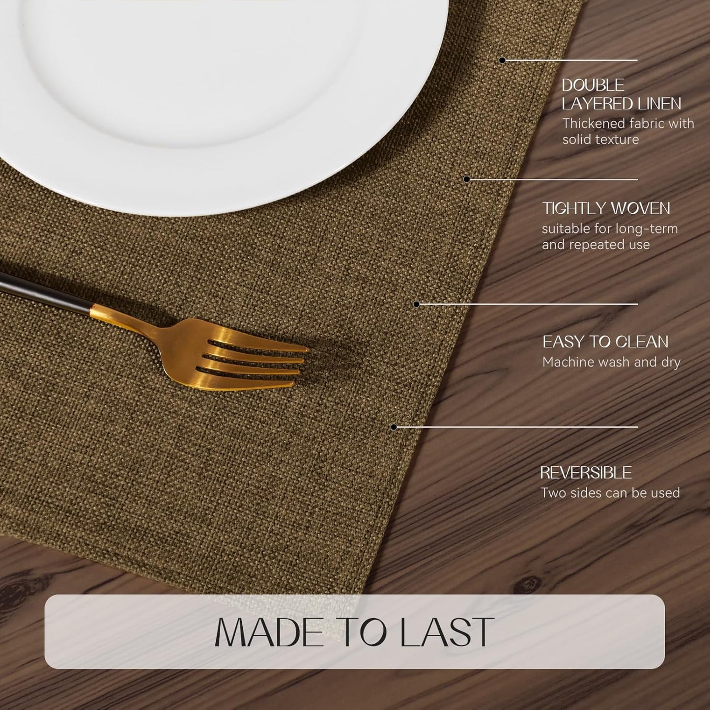 Romanstile Cloth Placemats Set of 8-12 x 18 Inch, Heat Resistant Double Layered Thickened Burlap Place Mats, Washable Faux Linen Farmhouse Table Mats for Kitchen/Dining/Party/Outdoor, Brown
