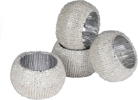 Goroly Home Beaded Napkin Rings Set of 4, Hand Made Round Beaded Napkin Rings Perfect for Christmas, Thanksgiving, Family Gatherings - A Beautiful Complements to Your Dinner Table Décor - Silver