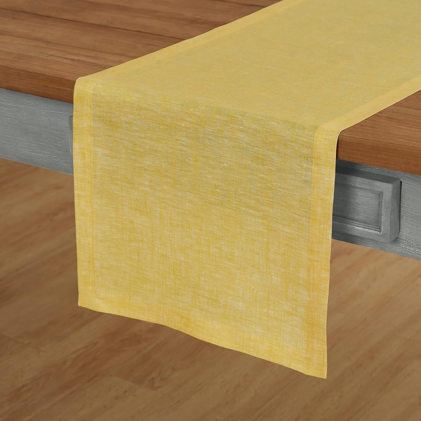 Solino Home Linen Short Table Runner 48 Inches - Athena, 100% Pure Linen Chambray Lemon Yellow Table Runner 14 x 48 Inch Ideal for Dresser and Coffee Tables