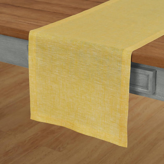 Solino Home Linen Table Runner 108 Inches Long - Athena, 100% Pure Linen Chambray Lemon Yellow 14 x 108 Inch Table Runner