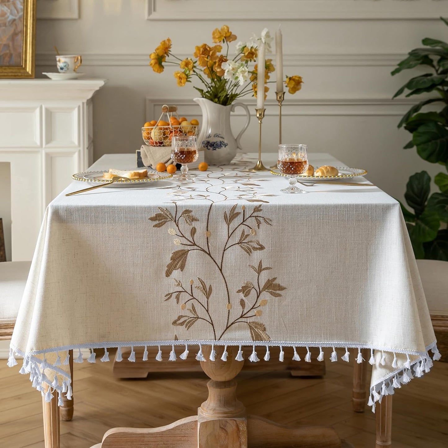 Oubonun Cotton Linen Square Tablecloth - Wrinkle Resistant & Waterproof - Machine Washable Table Cloth with Tassels for Kitchen & Dining, 55''x55'', 4 Seats