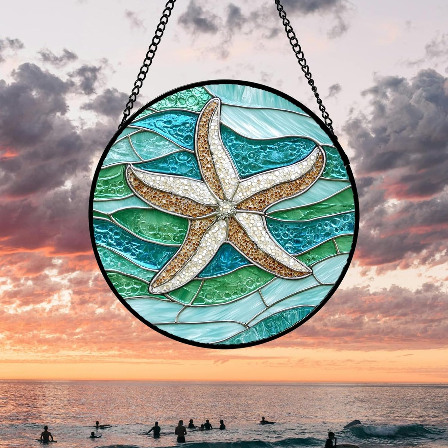 Stained Glass Window Hanging 4 Pcs Set Cyan Ocean Life Theme 9.8" - Sea Starfish Suncatcher Door Garden Sun Catcher Decor Birthday for Mom Woman Nana Men Friend