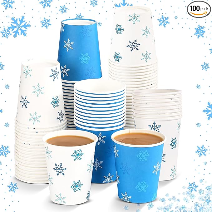 Funtery 100 Pieces Christmas Paper Cups Xmas Disposable Coffee Snowflake Santa Snowman Elk Lights Cups 9 Ounce Drinking Tea Paper for Daily Use Holiday (Snowflake Style)