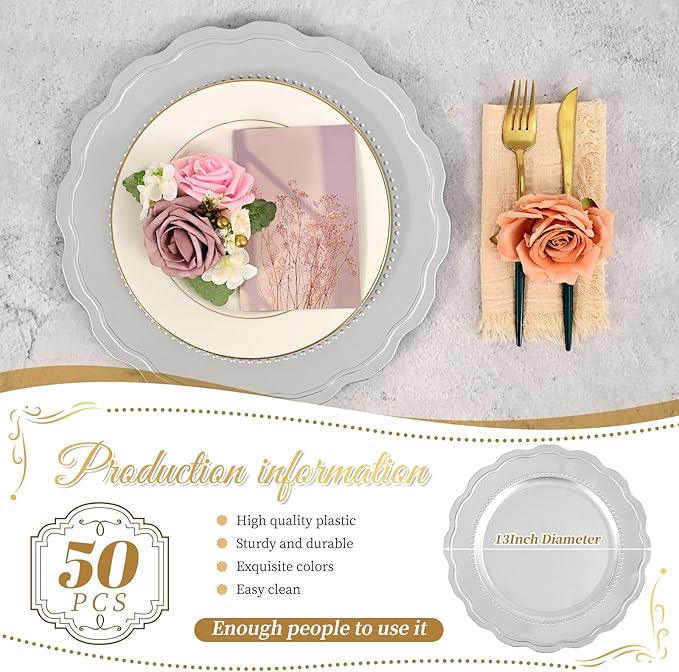 50 Pcs Silver Charger Plates with Wavy Edges, 13 Inch Round Bulk Charger Plate,Elegant Reusable Plastic Dinner Chargers Plates for Wedding Holiday Party Baby Shower Event Decoration (Silver)