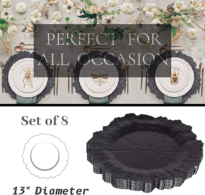 MAONAME 13" Round Black Charger Plates Set of 8, Reef Chargers for Dinner Plates, Plastic Plate Chargers for Wedding, Table Decor