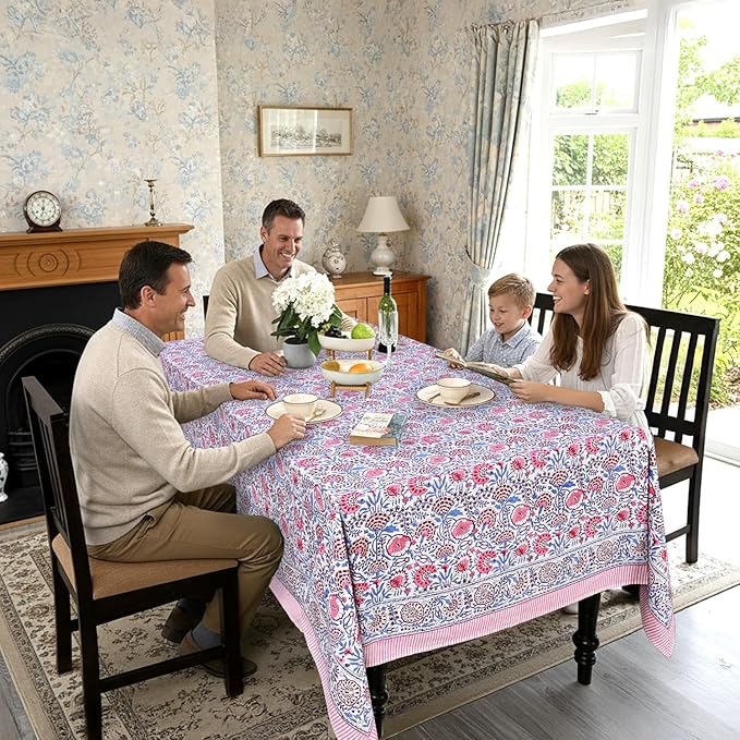 Ridhi Hand Block Print Pigeon Blue Flamingo Pink Rectangle Cotton Tablecloth 190" x 72" Reusable Table Cover Decorative Everyday Use for Dining, Farmhouse, Home Gift for Spring, Easter, Valentine
