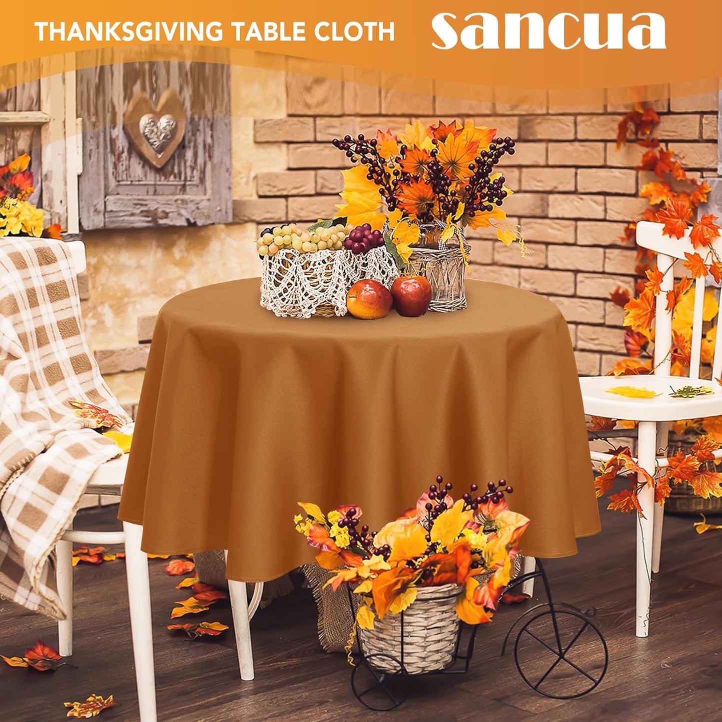 sancua Round Tablecloth 90 Inch Light Borwn- Water Resistant Spill Proof Washable Polyester Fall Table Cloth Decorative Fabric Table Cover for Dining Tables, Thanksgiving Parties and Camping, Bronze