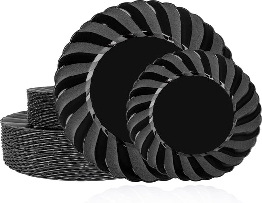 U-QE 60 Pcs Black Plastic Plates for Party – Scalloped Plastic Plates Heavy Duty – Include 30 10.25" Dinner & 30 7.25" Dessert Plate - Perfect for Parties, Weddings & Birthdays