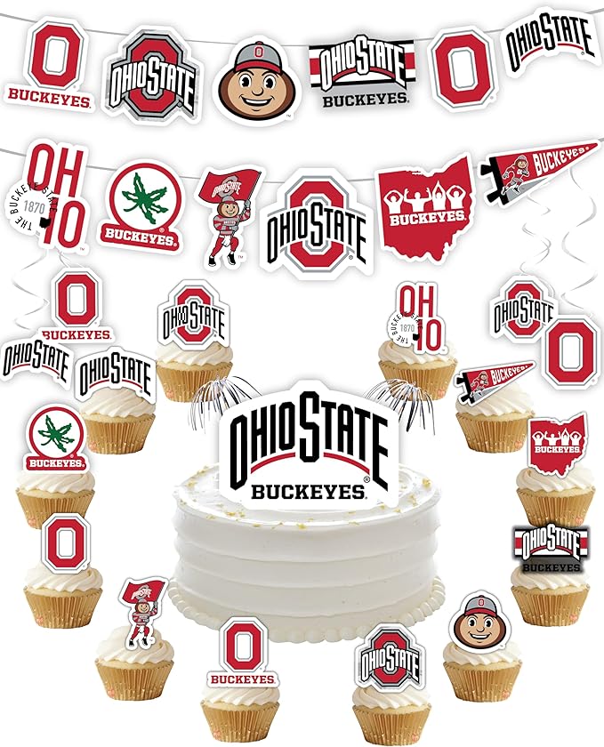 Ohio State Party Supplies for OSU Football, Birthday Gift, Graduation Party Banner and Cake Toppers (42 Pieces) (Ohio State Buckeyes)
