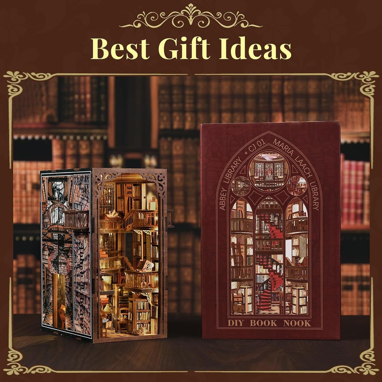 Book Nook Kit, DIY Miniature House Dollhouse Kit for Adults and Teens, Booknook Tiny House Bookshelf Decor with LED Light and Dust Cover (Abbey Library)