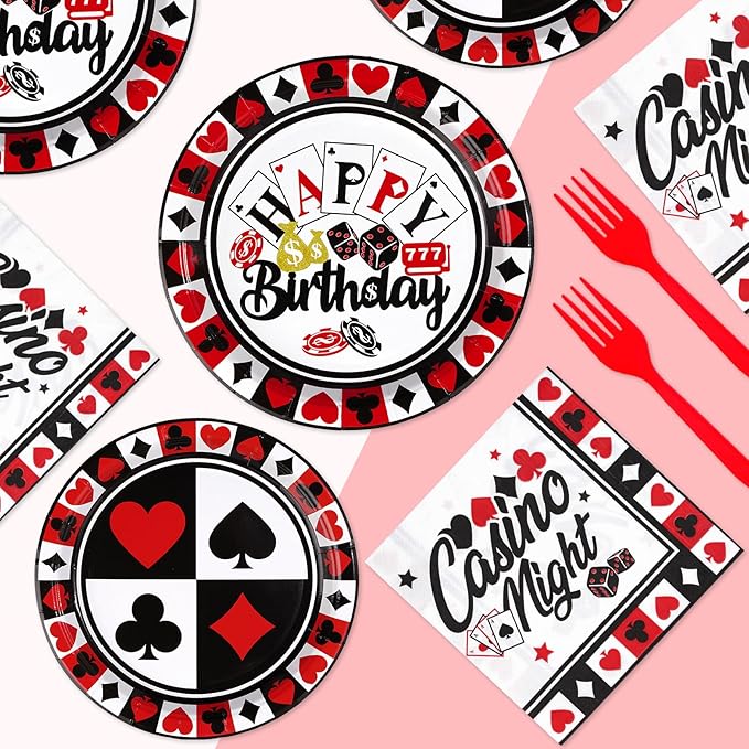 Grencian 200PCS Casino Party Decorations Poker Plates and Napkins Disposable Casino Birthday Paper Tableware Set for Las Vegas Night Poker Club Birthday Party Supplies, Serves 50