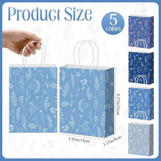 Kolldenn 50 Pcs Blue Wildflower Gift Bags with Handles Paper Floral Goodie Welcome Bag for Wedding Guest Baby Shower Bridal Birthday Party Favor, 5.91 x 3.15 x 8.27 Inches