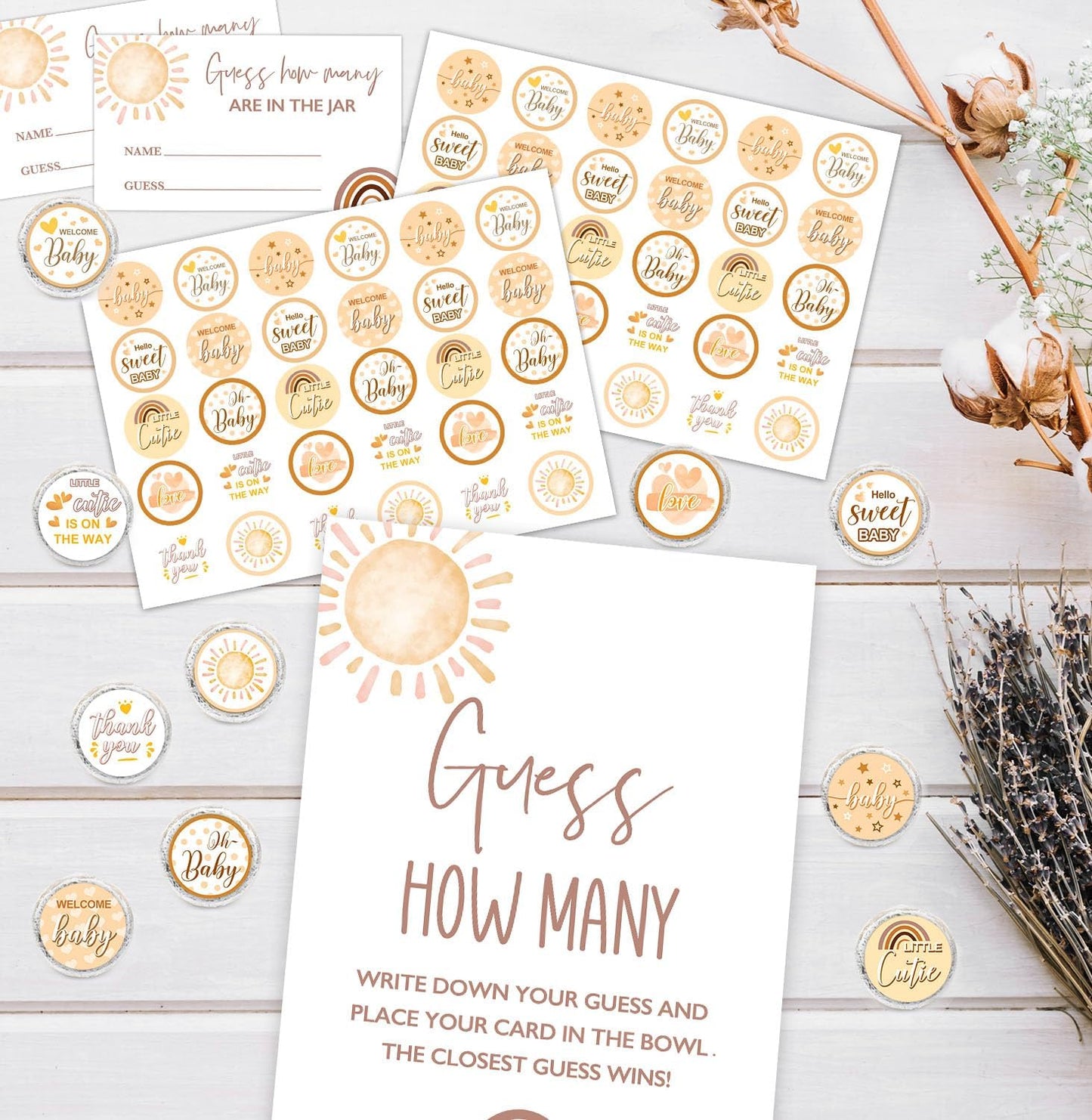 ALodr How Many Kisses Baby Shower Game Set - Boho Standing Sign, 50 Guessing Cards, 180 Kisses Stickers