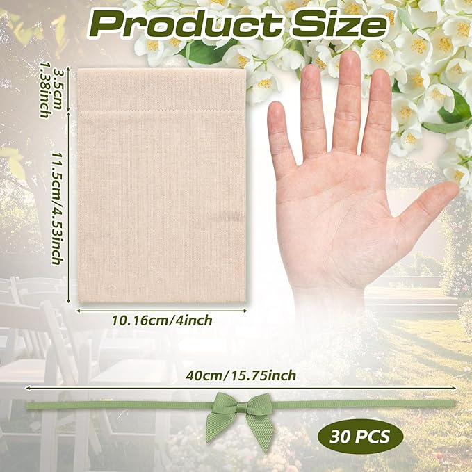 Windyun 30 Pcs Bow Wedding Burlap Gift Bag 6 x 4 Inch Ivory White Cotton Burlap Gift Bags with Sage Green Ribbon Bow Boho Small Reusable Pouches for Wedding Bridal Shower Baby Shower Party Favor