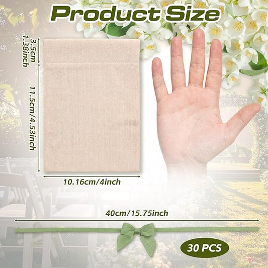 Windyun 30 Pcs Bow Wedding Burlap Gift Bag 6 x 4 Inch Ivory White Cotton Burlap Gift Bags with Sage Green Ribbon Bow Boho Small Reusable Pouches for Wedding Bridal Shower Baby Shower Party Favor