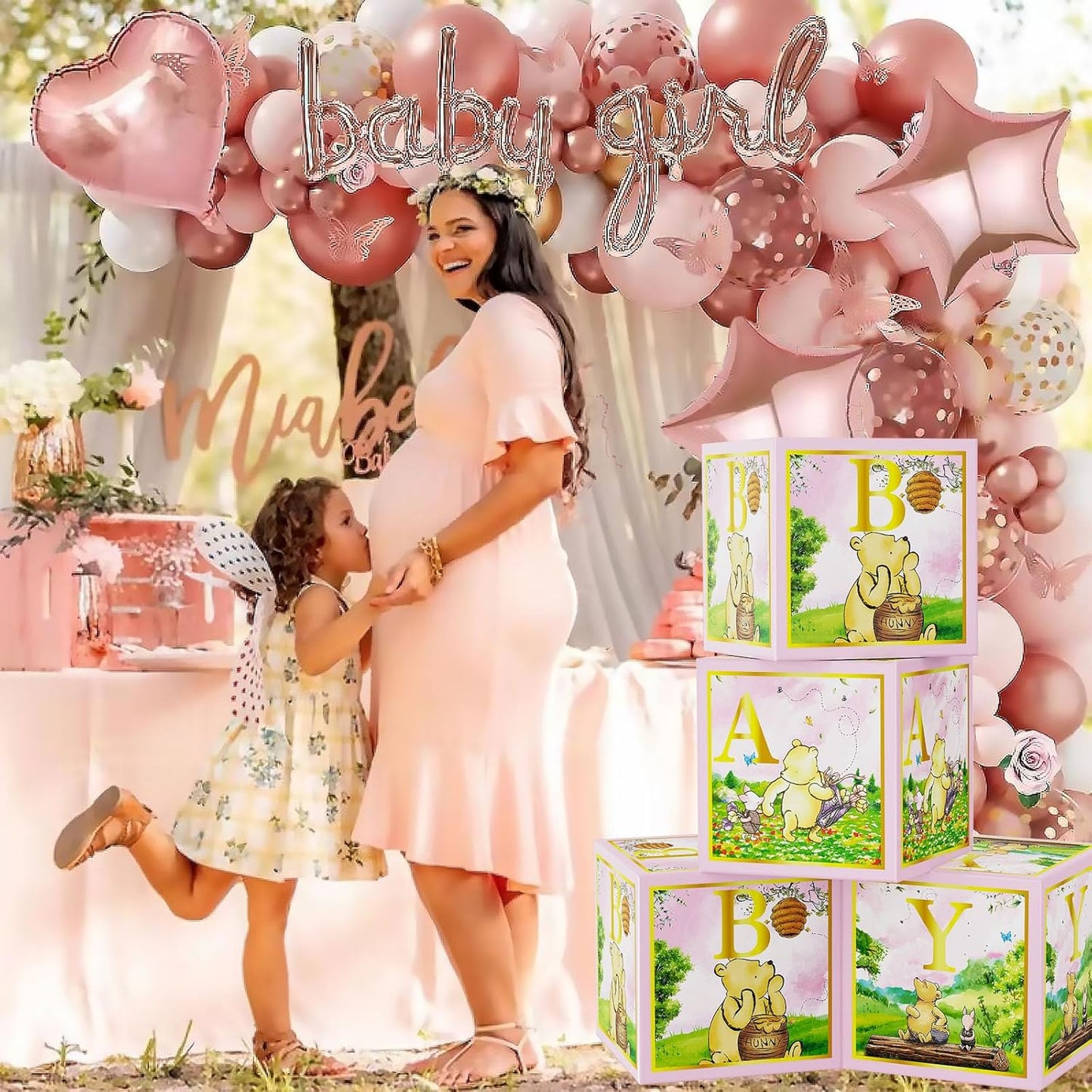 Classic Winnie Baby Shower Boxes Pink for Newborn Baby Girl Boy, Vintage Winnie Bear First 1st Birthday Party Decorations the Pooh Theme Box Block Supplies for Kids Cake Smash Photography Favor Props