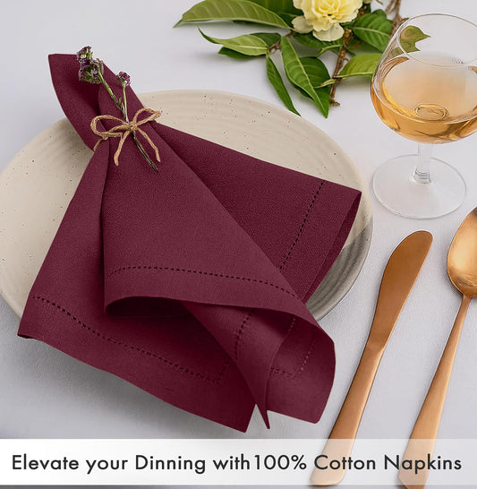 Ruvanti Cloth Napkins - 100% Cotton Dinner Napkins, Hem Stitched Corners, 18x18 Inch, 12 Pack - Soft, Absorbent, Durable, Reusable, Wrinkle Resistant for Formal Dining & Everyday Use - Burgundy