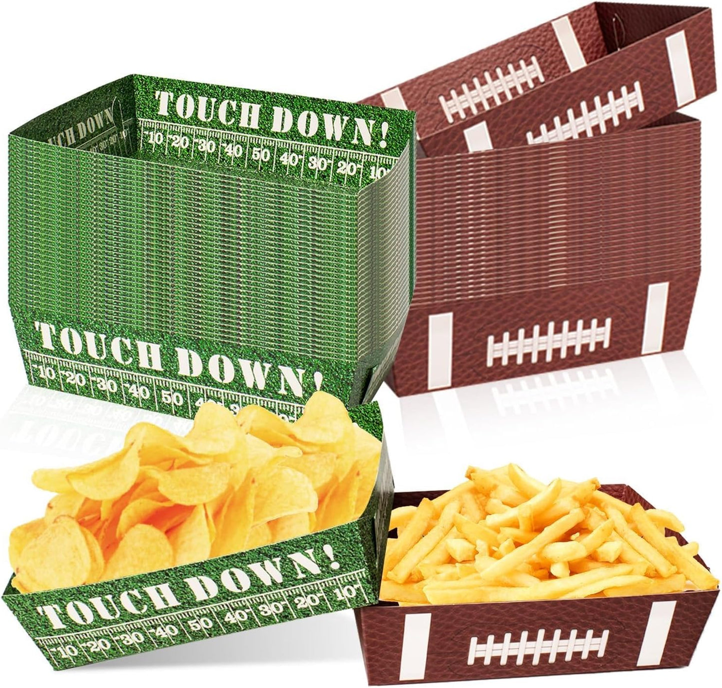50 Pcs Football Party Decorations, Disposable Football Paper Snack Trays, Large Serving Boats for Super Bowl Party, Birthday, Tailgate & Sports Theme Events – 2 Designs