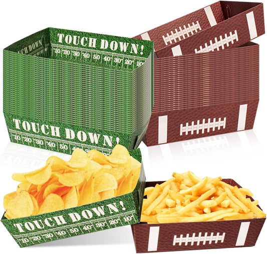 50 Pcs Football Party Decorations, Disposable Football Paper Snack Trays, Large Serving Boats for Super Bowl Party, Birthday, Tailgate & Sports Theme Events – 2 Designs