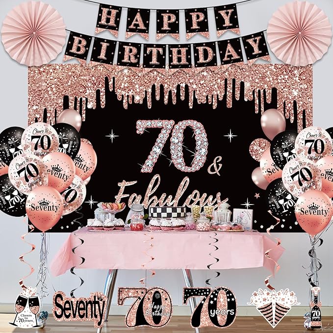 70th Birthday Decorations for Women: 33pcs Kit with Crown, Sash, Banner, Backdrop, Balloons, Swirls & Fans in Rose Gold & Black