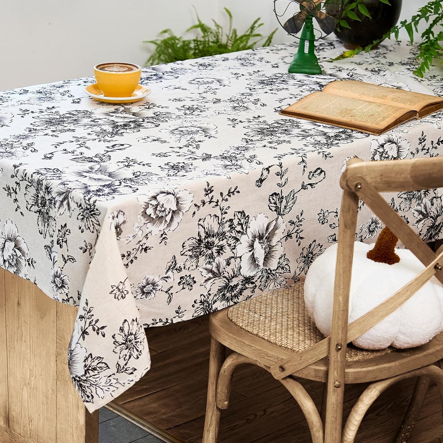 jinchan Linen Table Cloth 52 x 52 Inch with Black Flower Print Farmhouse Beige Linen Blend Cloth for Square Dining Table Washable Cottage Table Cover Home Decor 1 Panel Floral Black on Beige