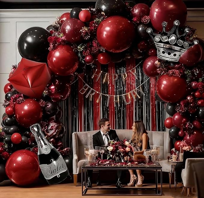 Red Black Party Balloon Kit 2pack Foil Fringe Curtains,Square Foil Wine Bottle Crown Balloons Doubled Burgundy Black Balloon Arch for Birthday Bachelorette Gothic Vampire Celebration Wine Party Decor