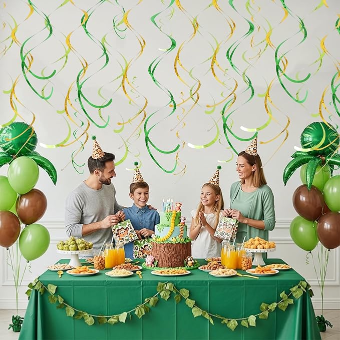 BEISHIDA Green Gold Hanging Swirls Party Decorations Plastic Streamer for Dinosaur Theme Birthday Graduation St. Patrick’s Day Jungle Party Decorations, Pack of 24
