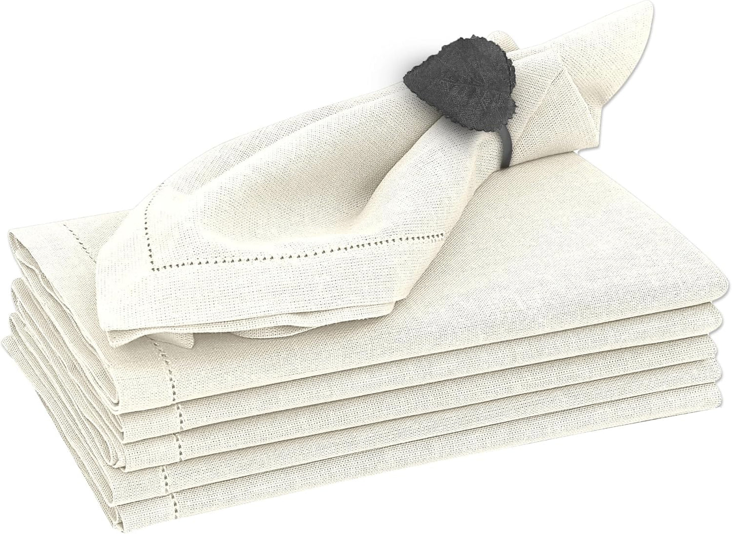 Ruvanti Premium Linen Napkins Set of 4-20x20 Inch, Classic Hemstitch, Mitered Corner Cloth Napkins ‎‎- Soft, Elegant Dinner Napkins Cloth Washable for Weddings, Parties, Everyday Use - Ivory