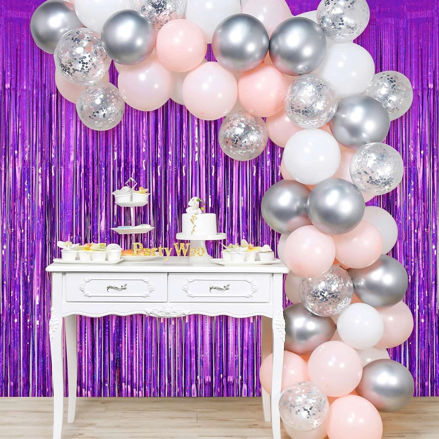Purple Tinsel Foil Fringe Curtain Backdrop, 2 Pack Metallic Glitter Curtains Party Decorations Streamers, Xmas Purple Backdrop for Birthday Wedding Bridal Shower Homecoming New Year