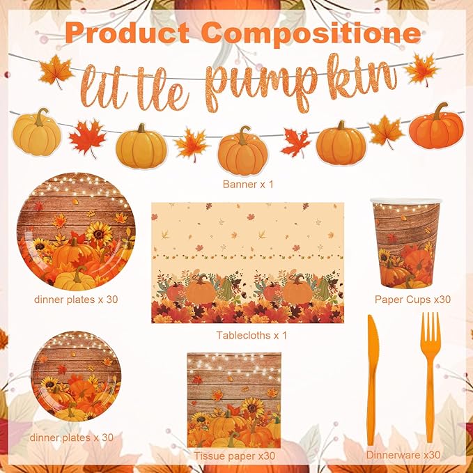 182pcs Fall Paper Plates and Napkins Set,Watercolor Fall Party Supplies Disposable Dinnerware for Autumn Leaves Thanksgiving Party Decorations,Serve 30 Guests