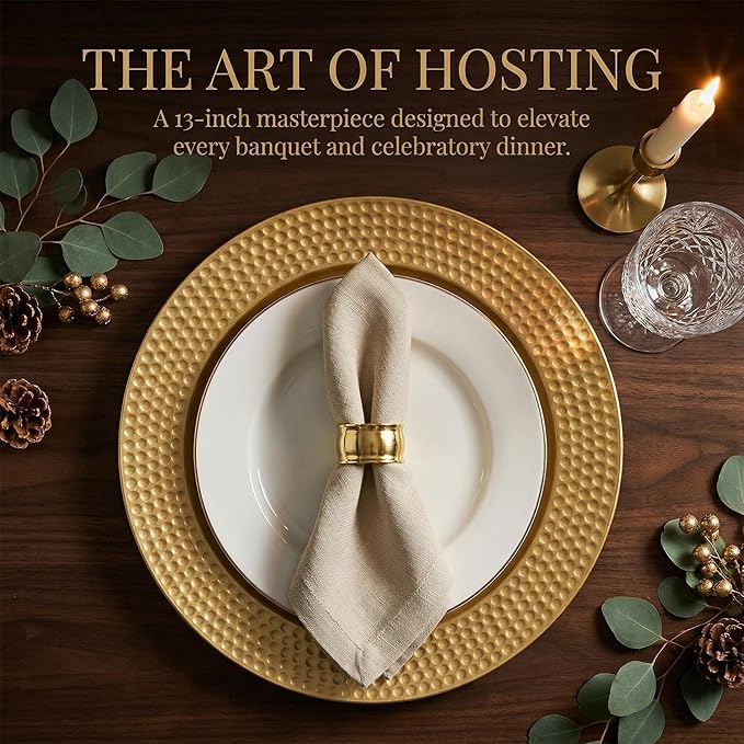 Nicunom 12 Pack Gold Charger Plates, 13 Inch Round Charger Plates with Hammered Rim, Plastic Charger Plate for Wedding Dinner Party Event Decoration