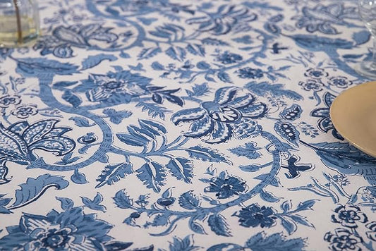 Labhanshi Indian Handblock Print Table Cloth|Ethnic Rectangle 72x108 Inch Floral Cotton 8-Seater Spring Easter Table Cover for Kitchen Dining Table Buffet Outdoor Tea Parties and Camping|Blue