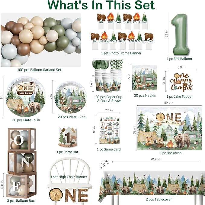 230PCS Camper 1st Birthday Decorations, All-in-1 Supplies Pack, Includes 20 Camper Theme Tableware, Backdrop, High Chair Banner, Tablecloth Balloon Kit for 1st Birthday Party Themes