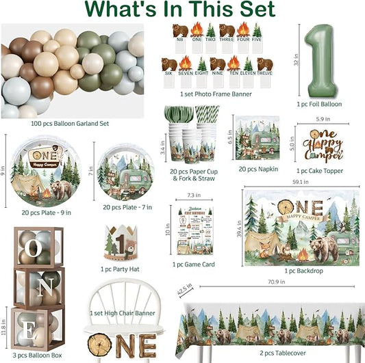230PCS Camper 1st Birthday Decorations, All-in-1 Supplies Pack, Includes 20 Camper Theme Tableware, Backdrop, High Chair Banner, Tablecloth Balloon Kit for 1st Birthday Party Themes