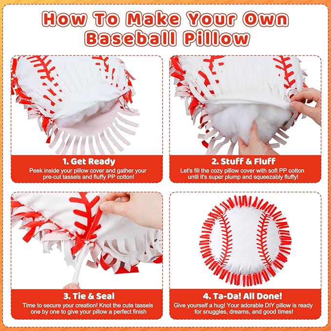 Mindsoft 6 Sets Fleece Tied Pillow Craft Kit Baseball Theme DIY Pillow Making Set for Kids, No Sewing with Soft PP Cotton Stuffing for Baseball Home Classroom Activity Gift for Sports Birthday Party