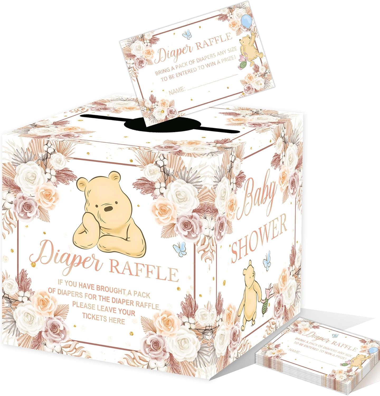 Winnie Baby Shower Decorations-Winnie Baby Shower Games-Pooh Party Decorations-Baby Shower Diaper Raffle Box With 50PCS Winnie Cards-flower