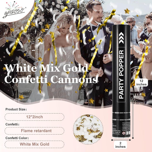 White Confetti Cannon,12Inch White Confetti Mix Gold confetti,5 Pack Confetti Poppers Air Powered For Wedding,Birthday,Celebrations and New Years Eve