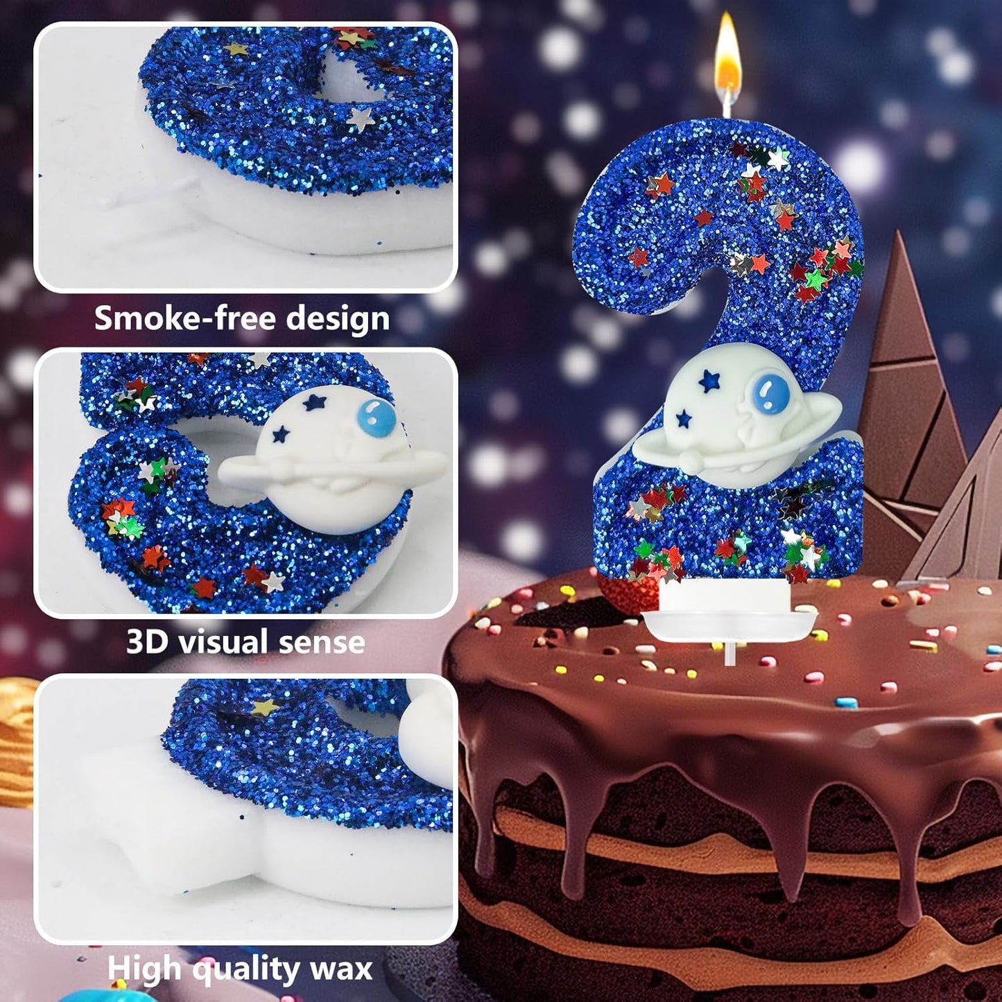 HXOUSE Spaceship Number 2 Birthday Candles - Outer Space Universe Birthday Candles for Cake, 2 Candle Topper for Anniversary Celebrations, Astronaut Rocket Party Decorations for Boys